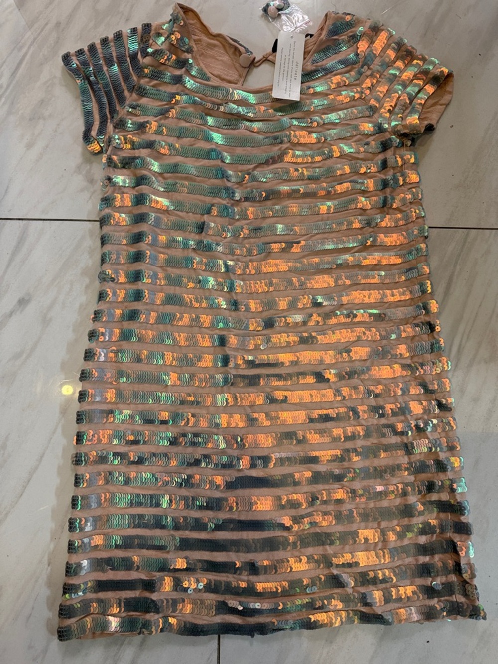 French Connection Iridescent Sequin Stripe Short Sleeve Dress - Peach Green